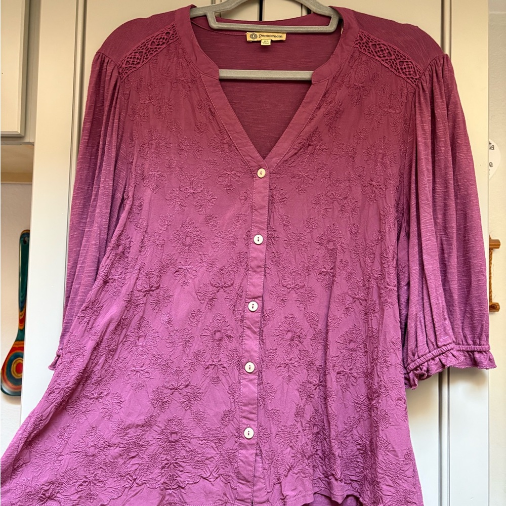 Democracy Plum Lace-Yoke Button-Front Blouse